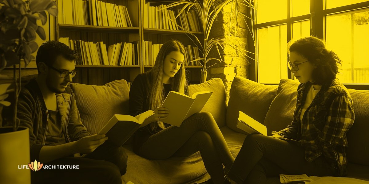 Drie mensen in een boekenclub die boeken lezen in een boekencafé en inzichten delen