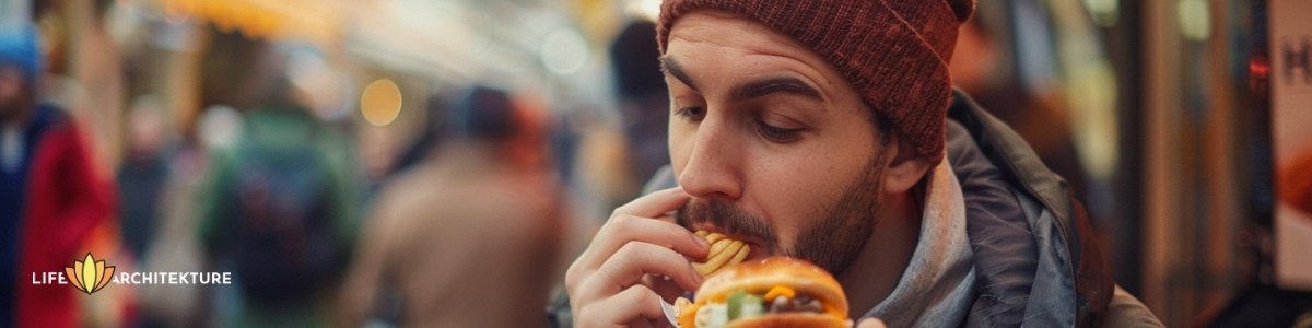 Man trying new street food, engaging in activities that stimulate