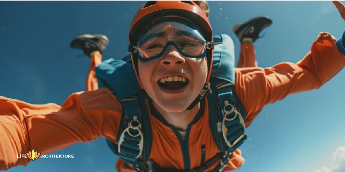 eine Person beim Fallschirmspringen, die Ängste in Aufregung verwandelt