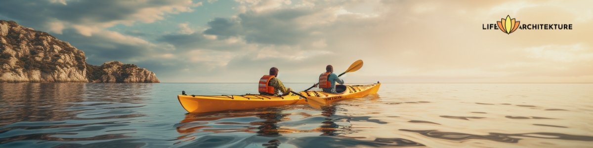 Friends on a kayak navigating through ups and downs of life