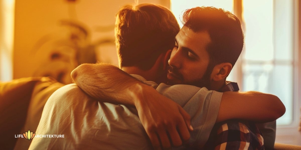 A man giving emotional support to his best friend, sharing bromance breaking stereotypes