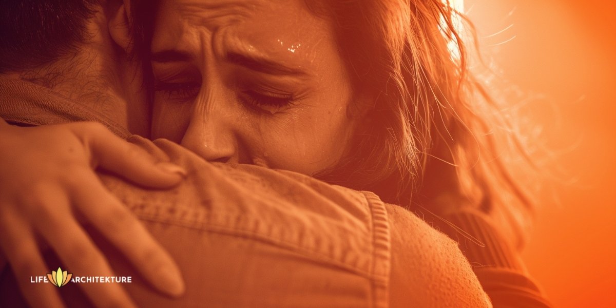 vrouw die huilend haar vriend omhelst, man die steun betuigt in moeilijke tijden