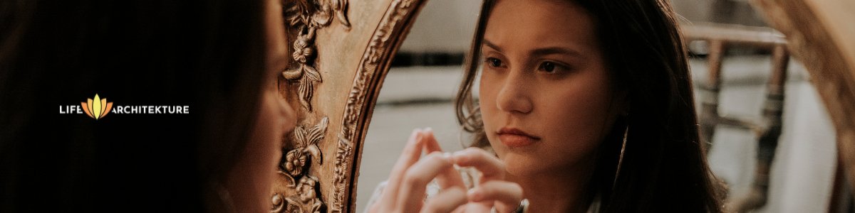 woman facing reality by touching her reflection in the mirror