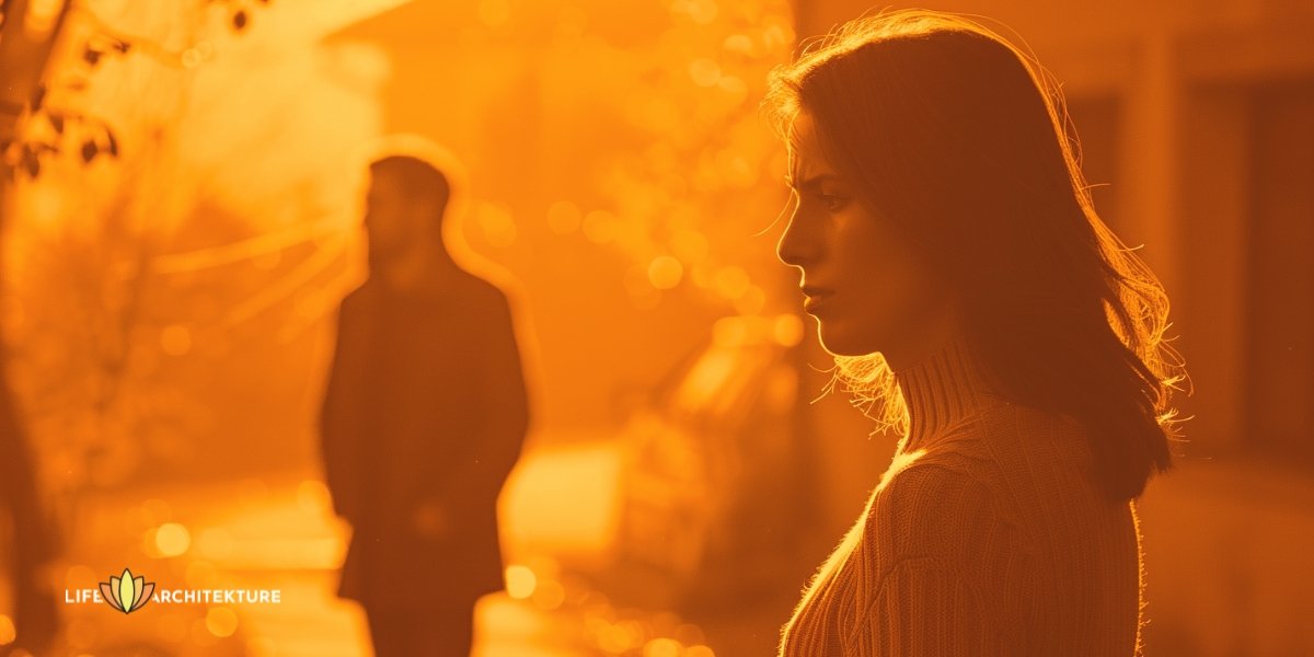 A couple stands outside their house, the husband ready to leave while the woman wrestles with separation anxiety