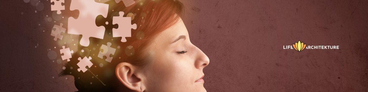 woman head, red hair, eyes closes peacefully, with puzzle pieces on her head