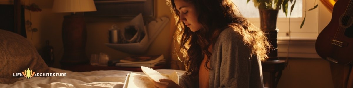 Eine Frau liest ihr Tagebuch, um ihre Emotionen und Gefühle zu verstehen