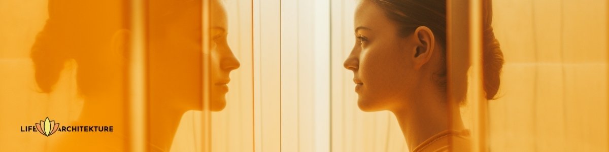 a self-aware woman seeing her reflection