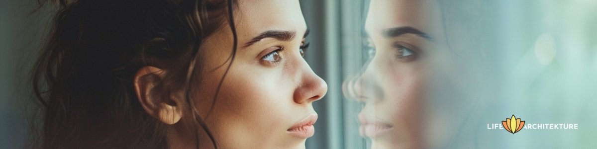 Eine Frau, die am Fenster steht und über ihre Erfahrungen nachdenkt