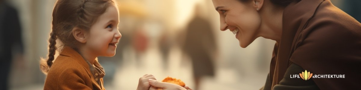 Compassionate woman sharing food with a child on street