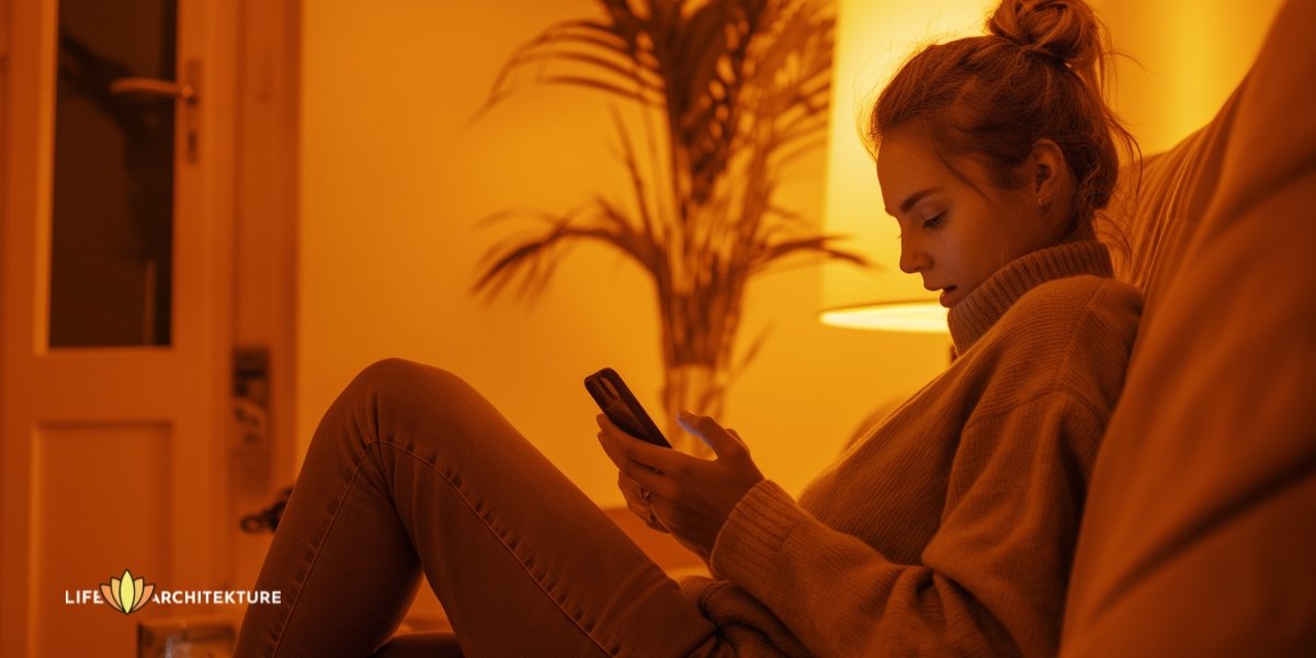 Mujer usando teléfono a escondidas, engañando a su marido