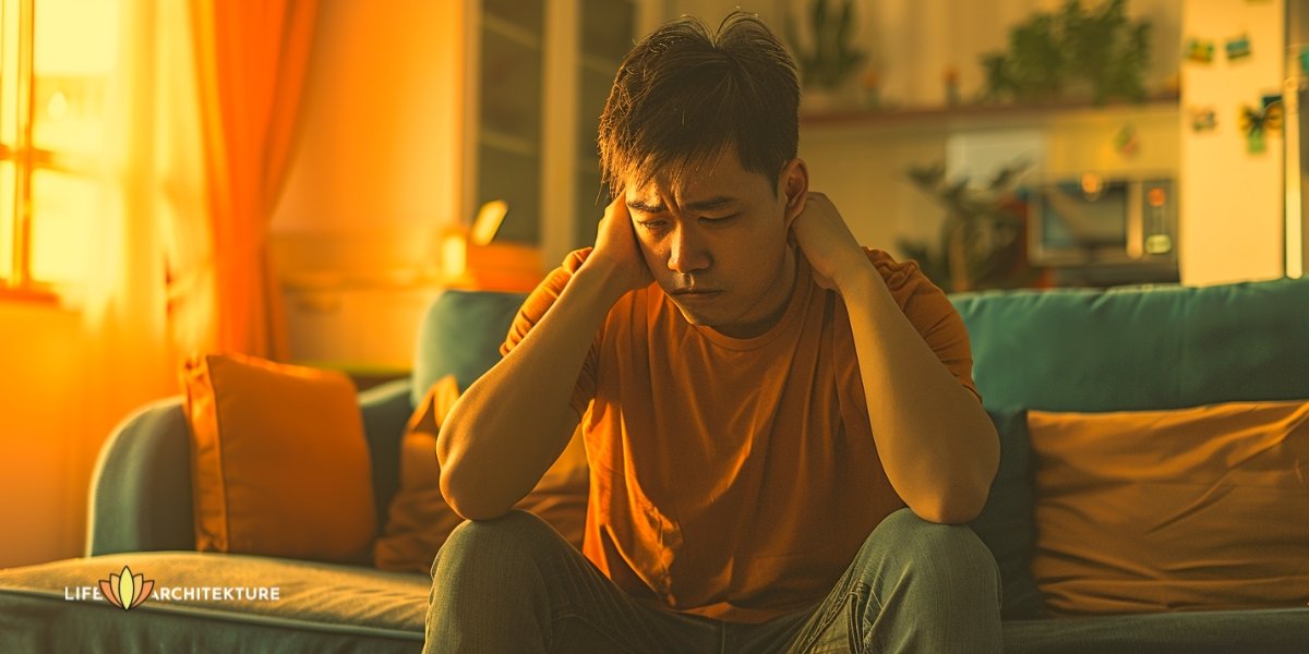 Un homme assis chez lui, l'air inquiet et anxieux, en train de s'épuiser.