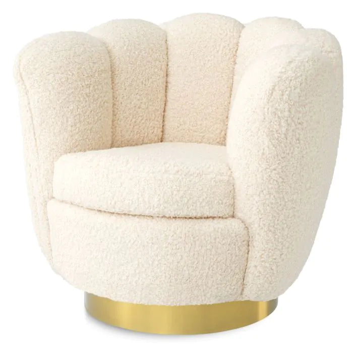 Swivel Chair Mirage
Faux shearling | brushed brass finish swivel base