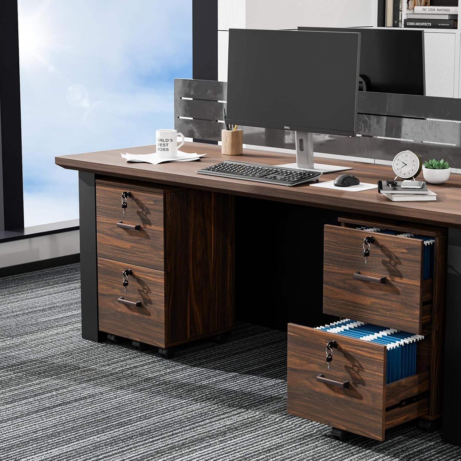2 Drawer File Cabinet with Lock, Wood Dark Brown File Cabinet for