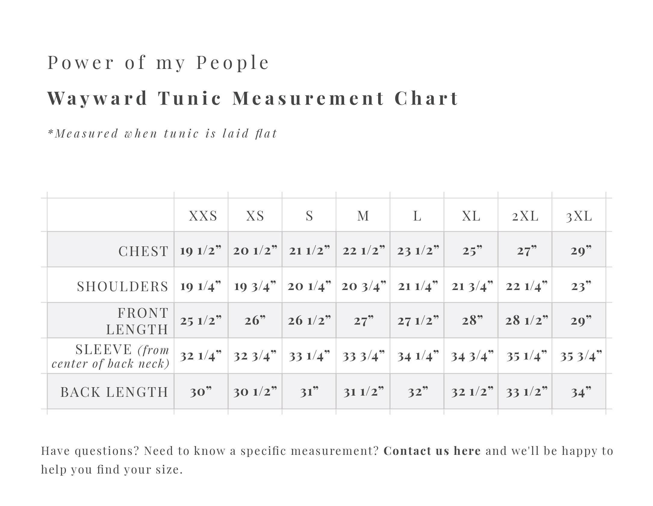 Wayward Fit Tunic Size Chart