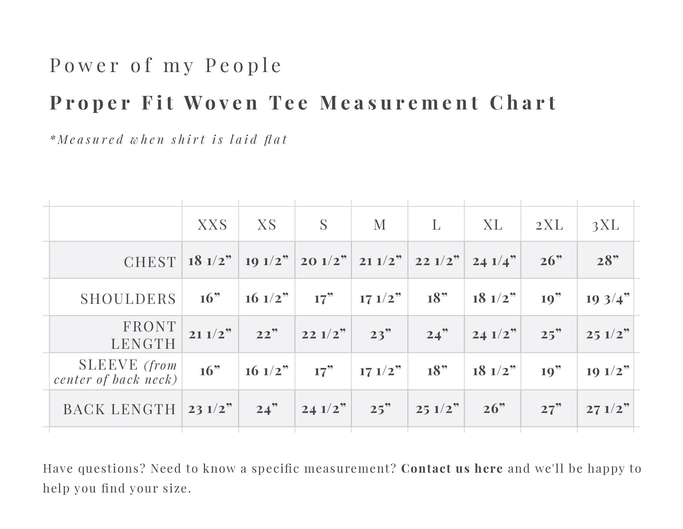Proper Fit Woven Tee Size Chart