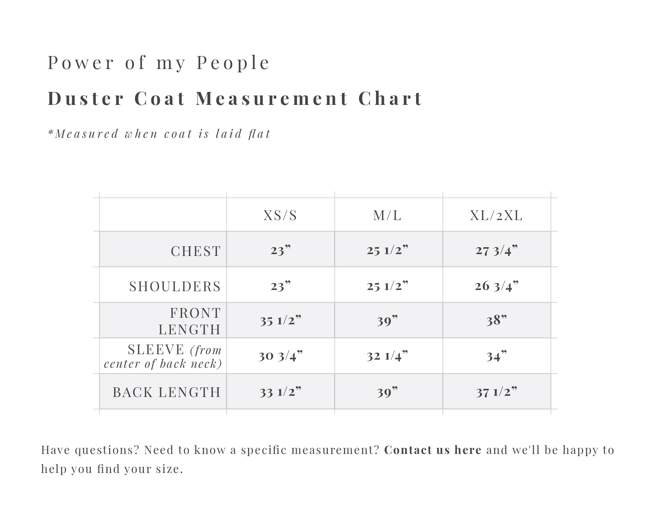 Duster coat size chart