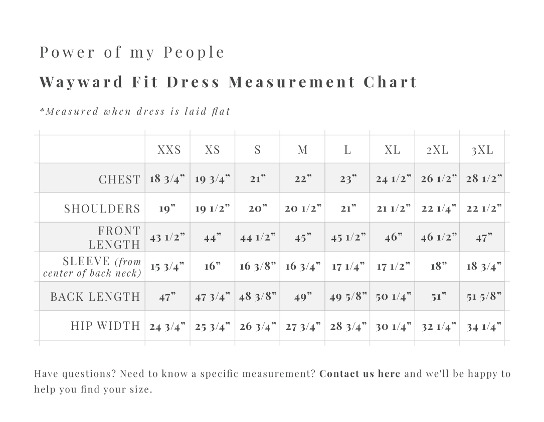 Wayward Dress Measurement Chart