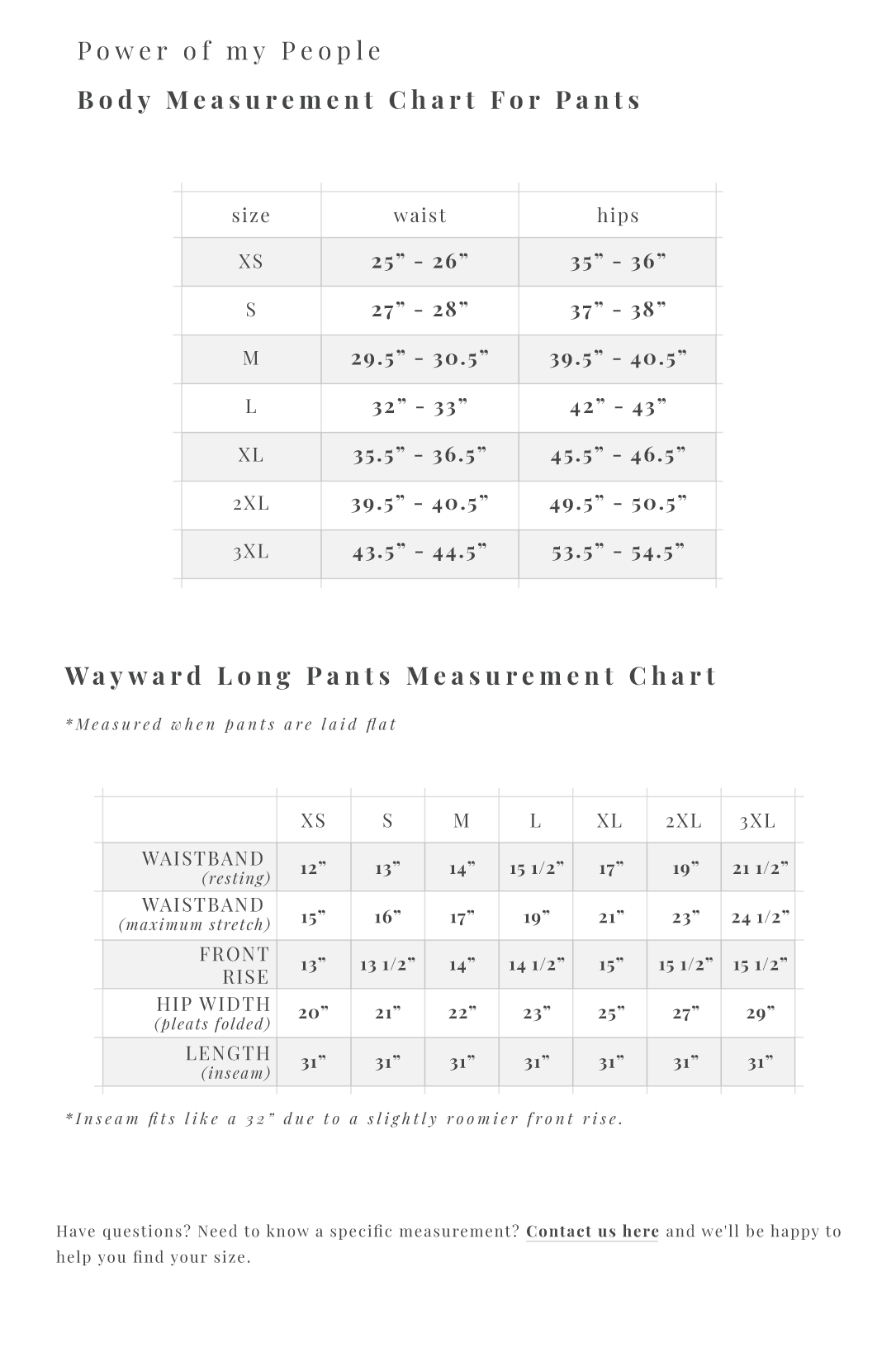 long pants size chart