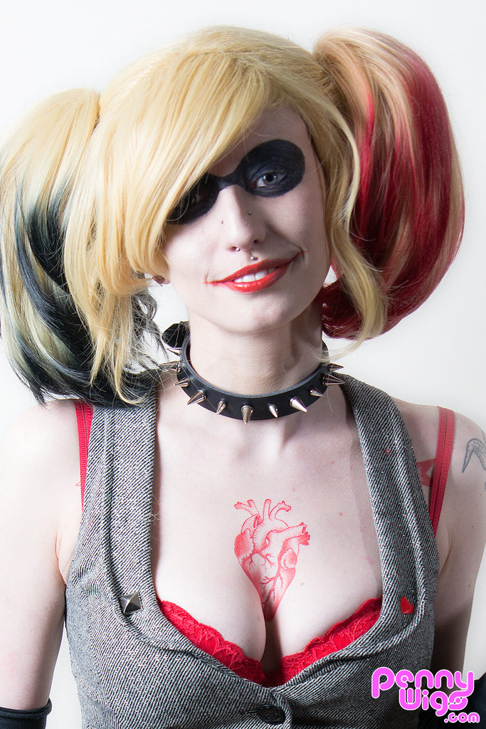 Harley Q Blonde Dip Dyed Red Black Cosplay Wig Set Penny Dreads