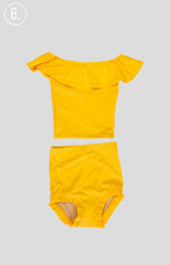 mini girls ruffled around top and all ruffled up bottoms in sweet tangerine