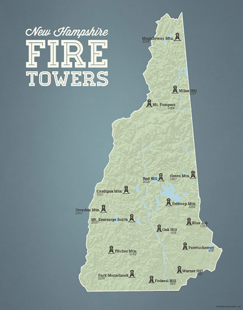 New Hampshire Fire Tower Quest Map 11x14 Print Best Maps Ever