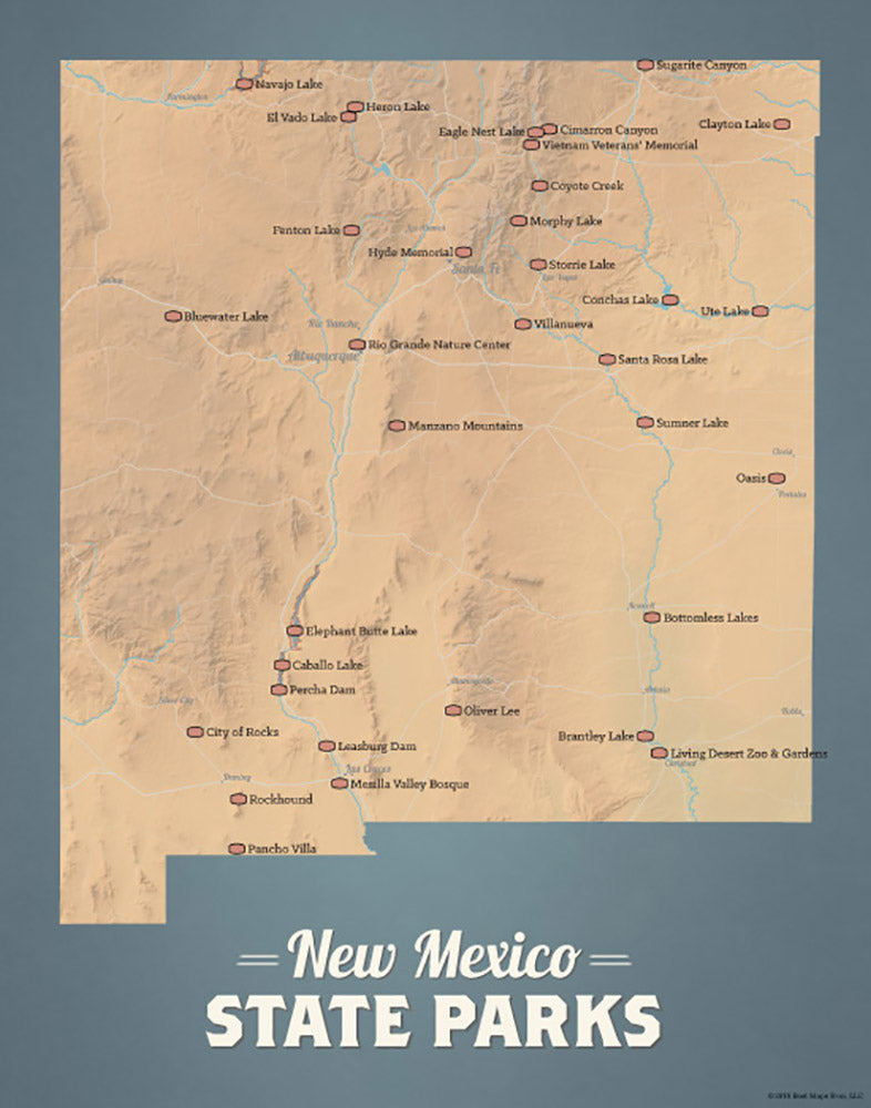 New Mexico State Parks Map 11x14 Print Best Maps Ever   0128 New Mexico State Parks Map Print Camel Slate Blue 1 