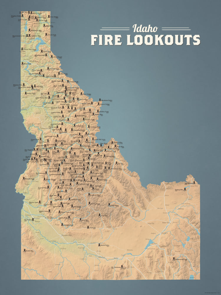 Idaho Fire Towers Lookouts map poster - natural earth