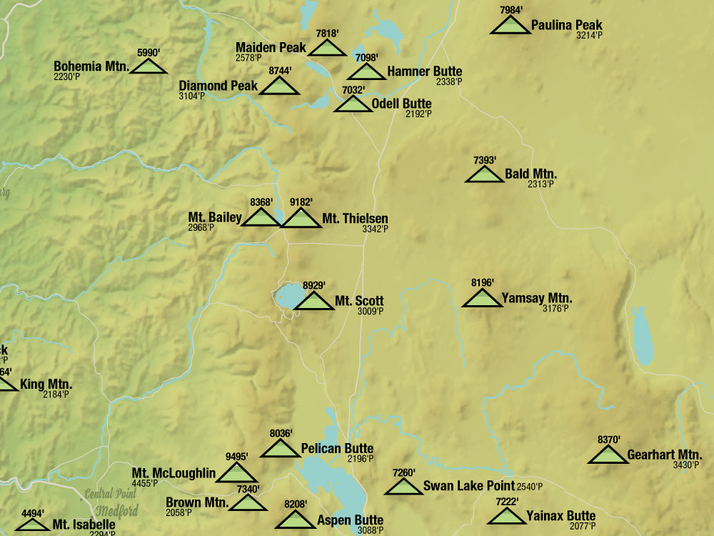 Oregon 2000 Prominence Peaks Map 18x24 Poster Best Maps Ever   0419 Oregon Prominence Peaks Map Poster Green Yellow 02 