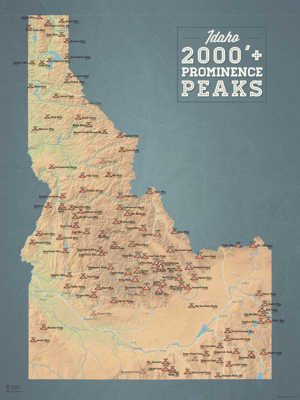 Idaho 2000 Prominence Peaks Map 18x24 Poster Best Maps Ever