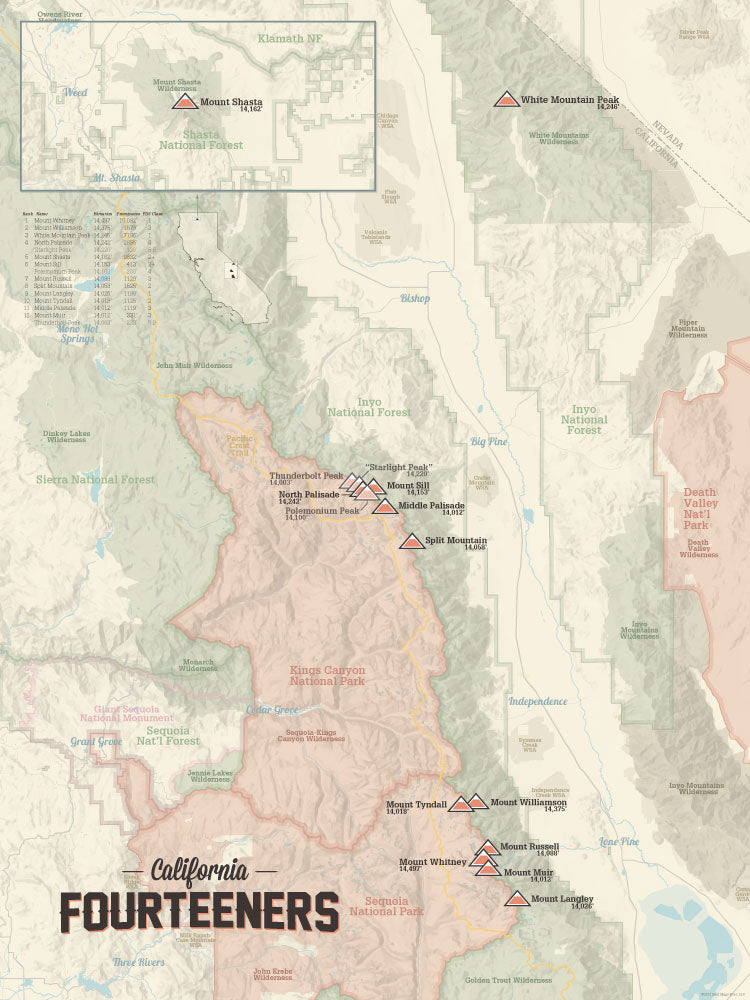 Map Of California 14Ers California 14ers Map 18x24 Poster   Best Maps Ever