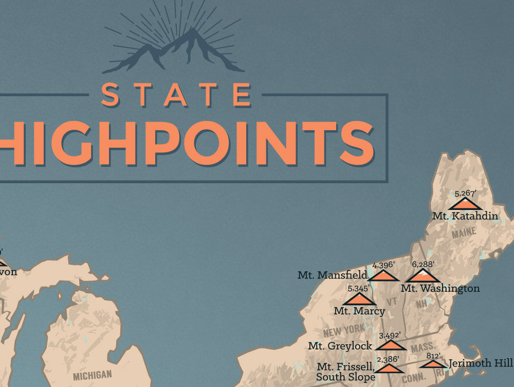 Map Of Us Highpoints State Highpoints Map 18x24 Poster   Best Maps Ever