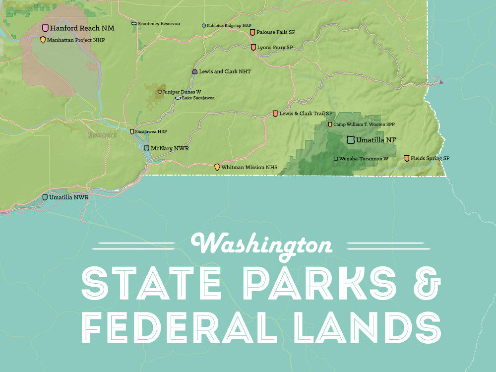 Washington State Parks Federal Lands Map 18x24 Poster Best Maps Ever   0535 Washington State Parks Federal Lands Map Poster Green Aqua 03 