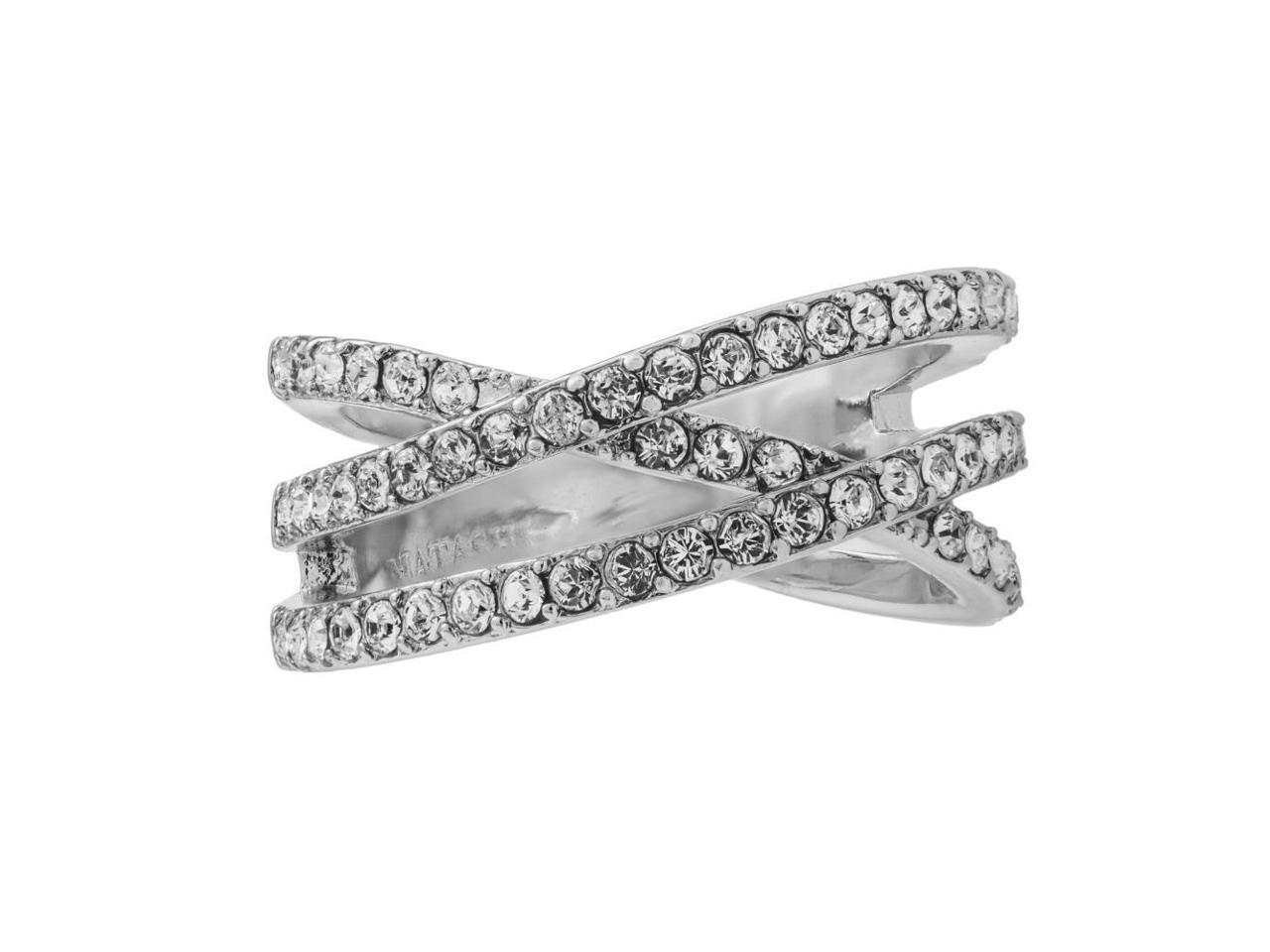 18k White Gold Plated Double Crossed Ring with Luxury Sparkling Crystals Pave Design by Matashi Size 7