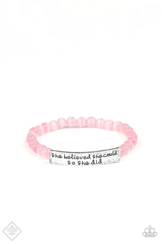 Image of "So She Did - Pink" bracelet.  Inscribed with the phrase “She believe she could, so she did."