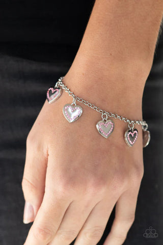 Image of Matchmaker Matchmaker Pink bracelet.  Silver bracelet with silver heart charms and pink rhinestones.