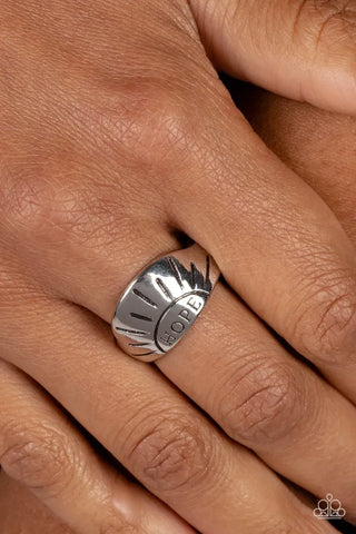 Image of Hope Rising - Silver ring.  Inscribed with word "Hope" nestled inside the outline of a rising sun.