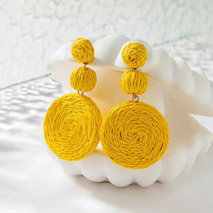 Boho Yellow Raffia Round Drop Earrings - Stylcents