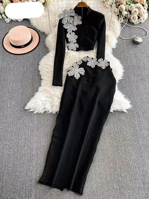 Floral Diamond Appliques High Waist Skirt /Cropped Jacket - Stylcents