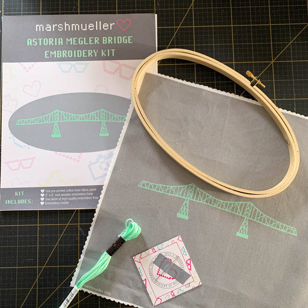 Megler Bridge DIY Embroidery Kit - instruction sheet, thread skein, needle, oval embroidery hoop, pre-printed fabric
