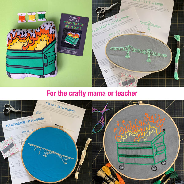 for the crafty mama or teacher: dumpster fire plushie kit, astoria megler bridge embroidery kit, depoe bay bridge embroidery kit, dumpster fire embroidery kit