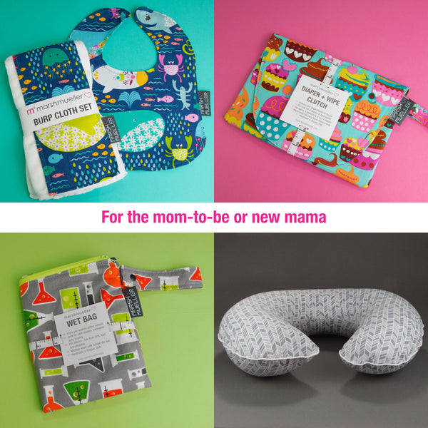 For the new mom or mom to be: grid of products: Bib and Burp Cloth Set, Diaper and Wipe Clutch, Wet Bag, Boppy Cover