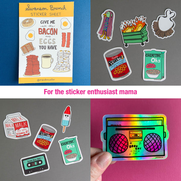 for the sticker enthusiast mama: give me all the bacon and eggs you have sticker sheet, modern times sticker bundle, retro throwback sticker bundle, holographic boom box sticker