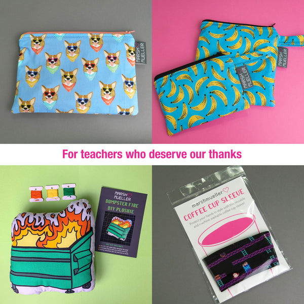 for teachers: zipper pouch, snack and sandwich bag bundle, dumpster fire plushie kit, coffee cup sleeve