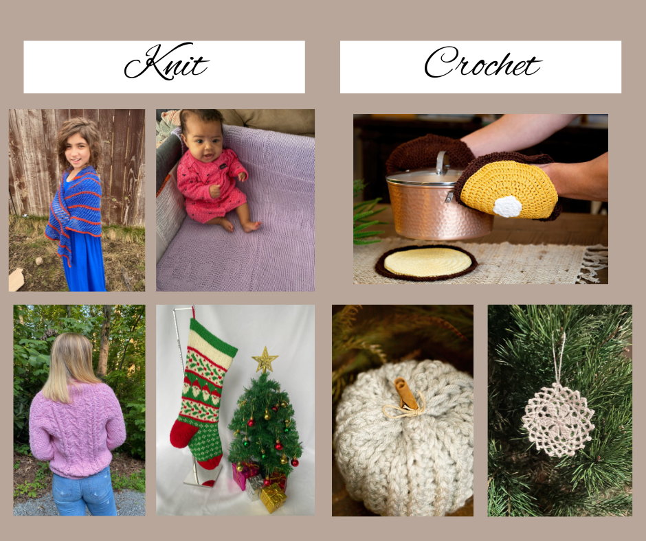 Examples of knit and crochet items to highlight the differences between the two techniques