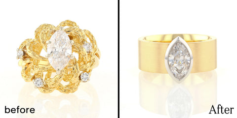 Marquise diamond in nugget ring transformed into sleek bezel set ring