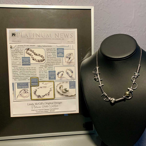 Parts necklace with article about the contest
