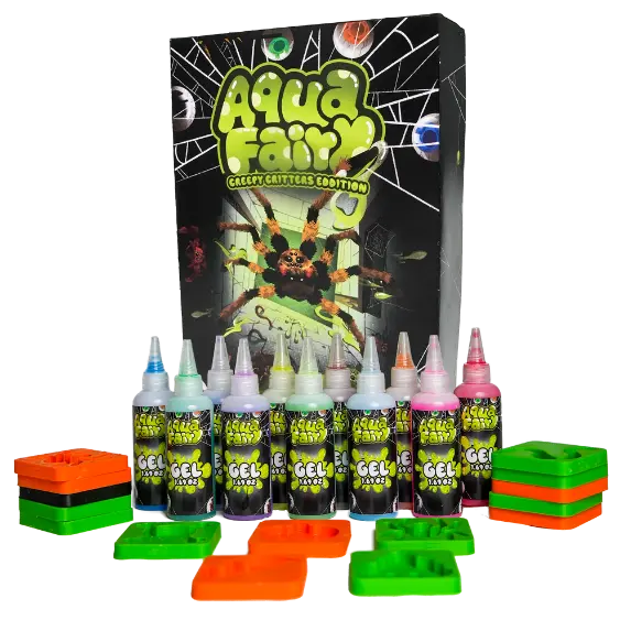 Aqua Fairy kit with various gel bottles, molds, and a spooky-themed box.