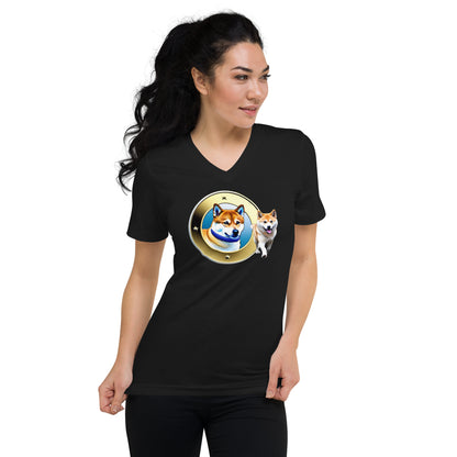 Double Shiba Inu Unisex Short Sleeve V-Neck T-Shirt: A cute and playful graphic design featuring two Shiba Inu dogs on a comfortable, versatile tee.