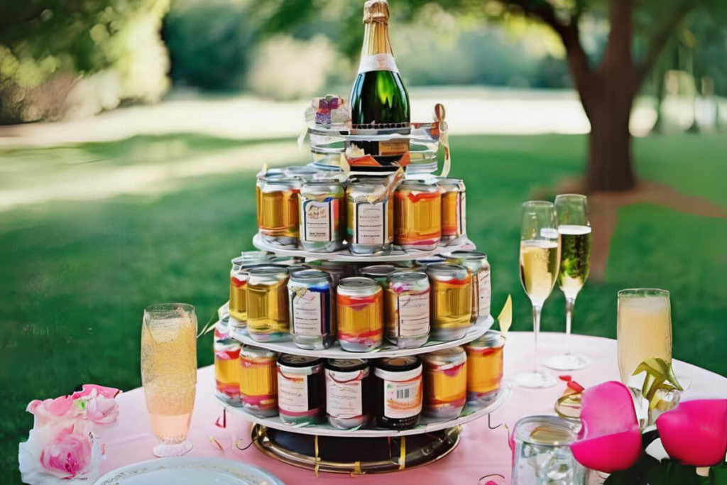 A cake stand with canned drinks and a champagne bottle on top.