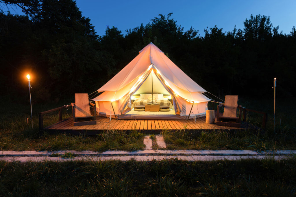 Glamping tent with lights.
